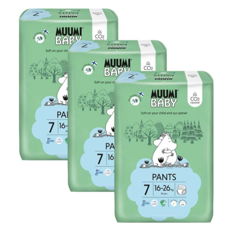 MUUMI Baby Pants 7 XL 16-26 kg (102 ks), mesačné balenie nohavičkových eko plienok