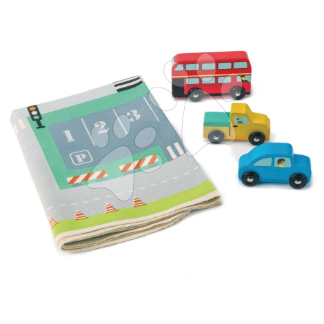 Drevené mestské autá Town Playmat Tender Leaf Toys na plátenej mape a s doplnkami