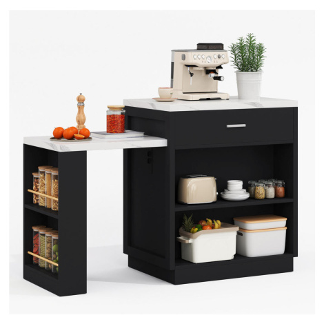 Modfu KUCHYNSKÝ ostrovček z MDF 211x55x89,5 cm čierny s výsuvným stolom, zásuvkami, USB portmi a