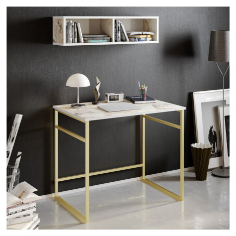 Stôl s policou GAMAS biely mramor/zlato Kalune Design