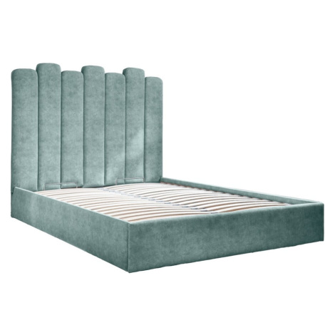 Tyrkysovomodrá čalúnená dvojlôžková posteľ s úložným priestorom s roštom 160x200 cm Dreamy Auror Miuform
