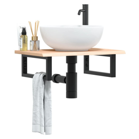 vidaXL Polica pod umývadlo, nástenná, oceľ a dubový masív