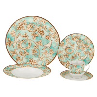 KONDELA Donatella Turquoise porcelánová jedálenská súprava (20 ks) tyrkysová / biela / zlatá