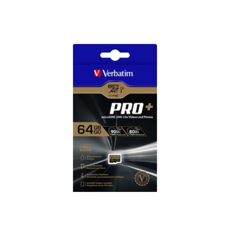 Verbatim paměťová karta micro SDXC Pro+, 64GB, micro SDXC, 44034, UHS-I U1 (Class 10), s adaptér