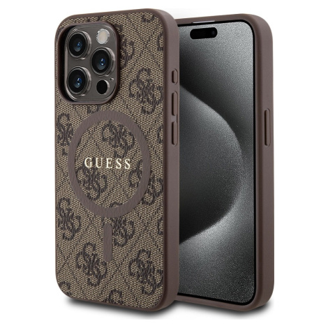 Guess 4G Kožený MagSafe Kryt pre iPhone 15 Pro, Hnedý