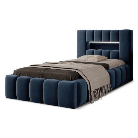 Tmavomodrá čalúnená jednolôžková posteľ s úložným priestorom s roštom 90x200 cm Lamica – ELTAP