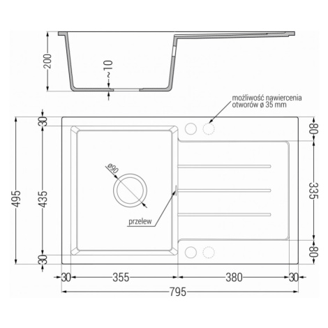 Mexen Bruno, granitový drez 795x495x200 mm, 1-komorový a drezová batéria Carla, čierna škvrnitá,