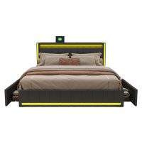 SHOPENTRA MANŽELSKÁ posteľ 140x200cm sivá ľanová so zásuvkami s LED diódami, USB typ-C