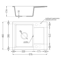 Mexen Enzo, granitový drez 576x465x174 mm, 1-komorový, biela s čiernym sifónom, 6506571005-20-B