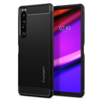 Sony Xperia 1 IV, silikónové puzdro, Spigen Rugged Armor, karbónový vzor, čierne