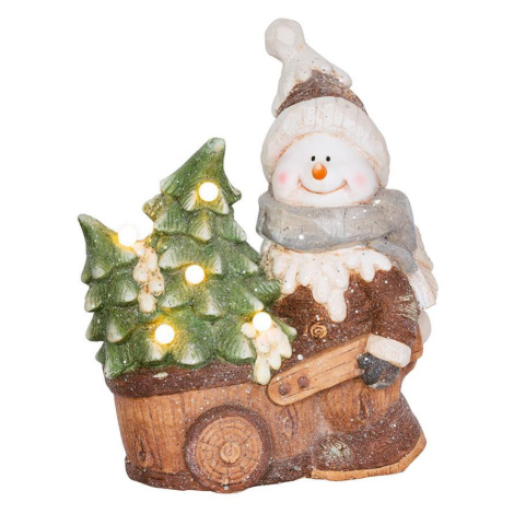 Dekorácia MagicHome Vianoce, Snehuliak s vozíkom, 6 LED, 3xAA, keramika, 35x24x43 cm
