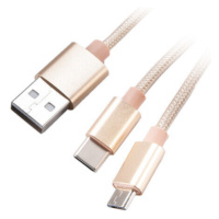 Akasa nabíjací a synchronizačný kábel 2v1 USB-A 2.0 - USB Micro-B, USB-C, opletený, 1.2m, zlatá