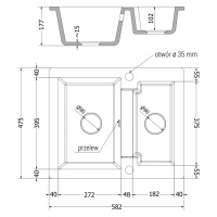 Mexen Carlos, granitový drez 582x475x177 mm, 1,5-komorový a drezová batéria Carla, šedá, 6518-71