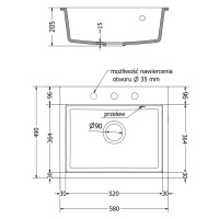 Mexen Oscar, 1-komorový granitový drez 580x490x205 mm, čierna-strieborná metalíza, 6519581000-73