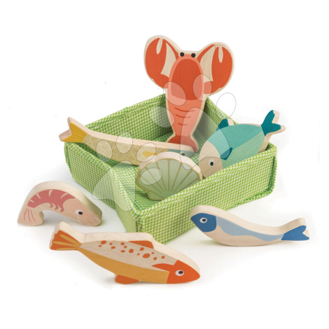 Drevené ryby a dary mora Fish Crate Tender Leaf Toys 7 kusov v textilnom košíku