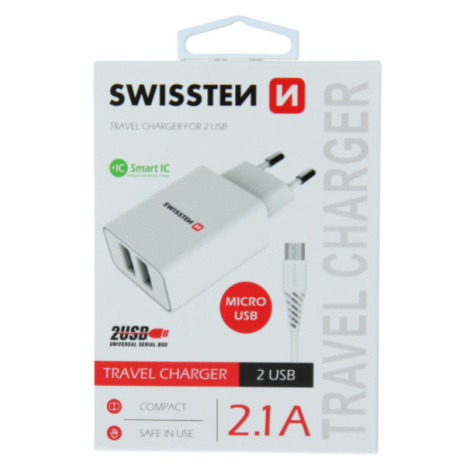 Nabíjačka Swissten Smart IC 2 x USB + Micro Usb kábel, 2.1A, 10,5W biela