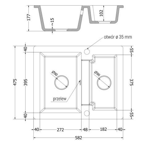 Mexen Carlos, 1,5-komorový granitový drez 582x475x177 mm a drezová batéria Duo, čierna-zlatá met