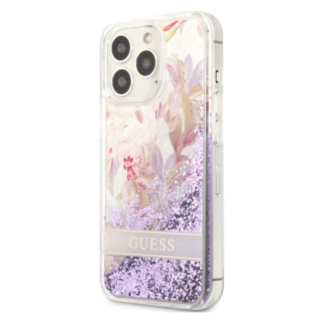 Plastové puzdro Guess na Apple iPhone 13 Pro GUHCP13LLFLSU Liquid Glitter Flower fialové