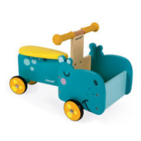 Drevené odrážadlo pre deti Hroch Janod s vozíkom na hračky
