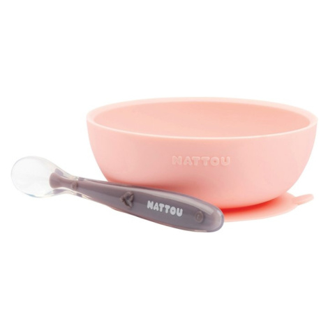NATTOU Set jedálenský silikonový tanier a lyžička fialovo oranžový bez BPA 2 ks
