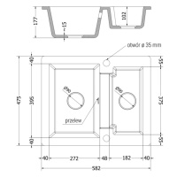 Mexen Carlos, 1,5-komorový granitový drez 582x475x177 mm a drezová batéria Duo, čierna-zlatá met