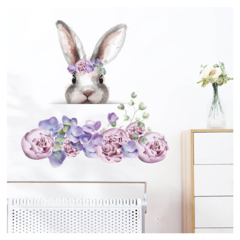Samolepka do detskej izby Zajačik s fialovými kvetinami