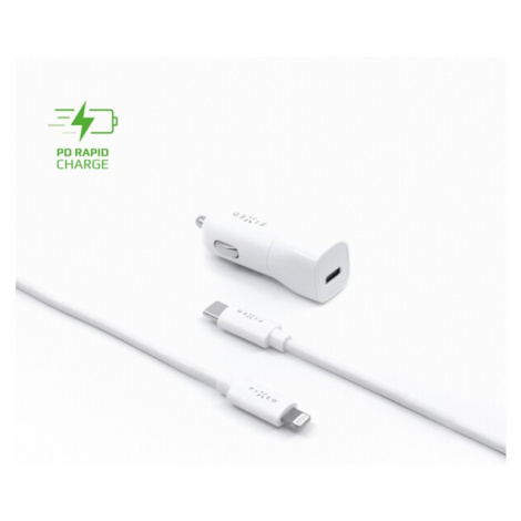 FIXED Set autonabíjačky s USB-C, USB-C/Lightning kábel, (PD), 1 m, MFI, 18W, biely