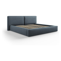 Tmavomodrá čalúnená dvojlôžková posteľ s úložným priestorom a roštom 200x200 cm Arendal – Cosmop