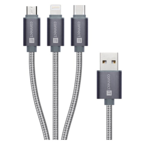 CONNECT IT Wirez 3in1 USB-C & Micro USB & Lightning, strieborný, 1,2 m