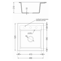 Mexen Vito, 1-komorový granitový drez 520x490x210 mm a drezová batéria Savita, čierna-strieborná