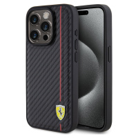 Ferrari PU Carbon Vertical Red Line Kožený Kryt pre iPhone 15 Pro, Čierny