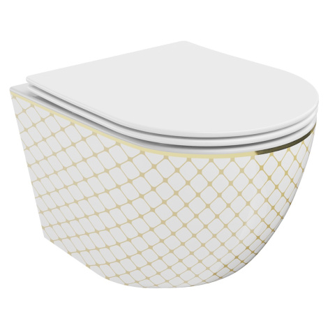 MEXEN - Lena Závesná WC misa vrátane sedátka s slow-slim, duroplast, biela/zlatý vzor 30224009