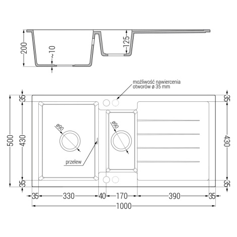 Mexen Andres, 1,5-komorový granitový drez 1000x500x200 mm a drezová batéria Flora, čierna, 6515-