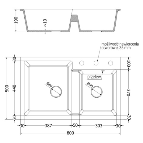 Mexen Tomas, granitový drez 800x500x190 mm, 2-komorový a drezová batéria Savita, čierna škvrnitá