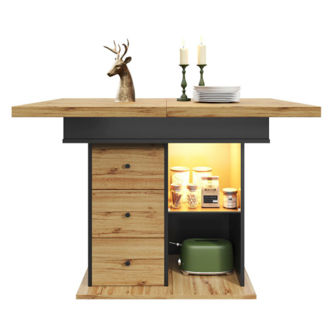 Modfu JEDÁLENSKÝ rozkladací stôl z MDF 140x80x75 cm čierny/prírodný s LED osvetlením, USB a úlož