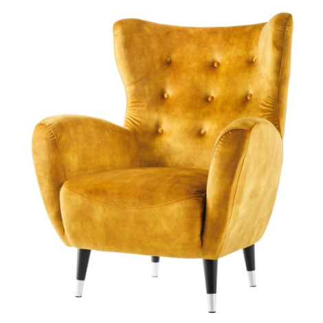 Estila Art deco kreslo Bolte s horčicovým žltým zamatovým poťahom a vysokou chrbtovou opierkou s