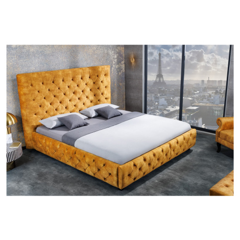 Estila Moderná chesterfield manželská posteľ Kreon v žltom prevedení zo zamatu 180x200cm