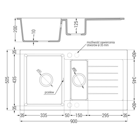 Mexen Matias, granitový drez 900x505x200 mm, 1,5-komorový a drezová batéria Carla, čierna škvrni