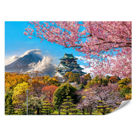 Muralo FOTOTAPETA Pre Obývaciu Izbu Čerešňové Kvety Osaka Hrad Japonsko Hory 300 x 210 cm