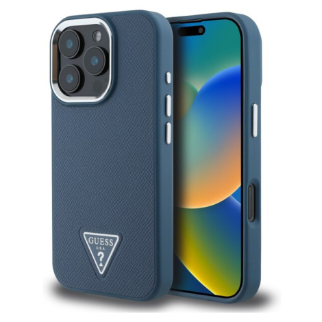 Guess PU Grained Triangle Logo Zadný Kryt pre iPhone 16 Pro Max Blue