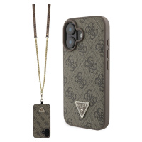 Guess PU 4G Strass Triangle Metal Logo Kryt s popruhom pre iPhone 16, Hnedý