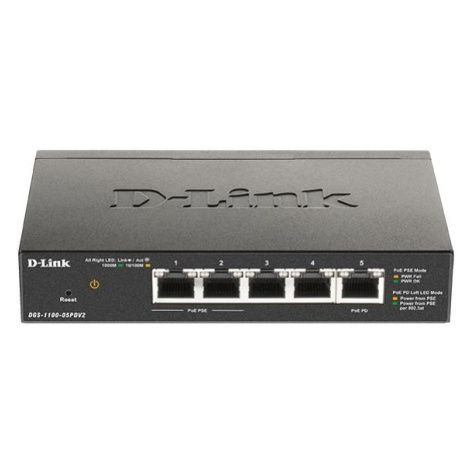 D-Link DGS-1100-05PDV2 5-Port Gigabit PoE Smart Switch, bez zdroja - napájaný cez PoE, 2 PoE por