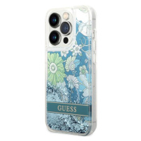 Plastové puzdro Guess na Apple iPhone 14 Pro GUHCP14LLFLSN Liquide Glitter Flower zelené