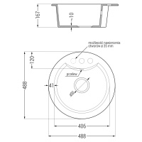 Mexen Diego, granitový drez 488x488x167 mm, 1-komorový, čierna-strieborná metalíza so zlatým sif