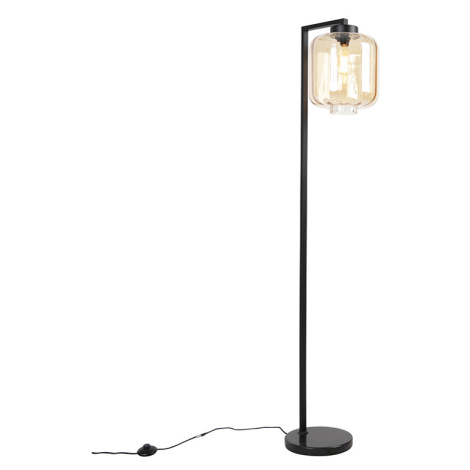 Dizajnová stojaca lampa čierna s jantárovým sklom - Qara QAZQA