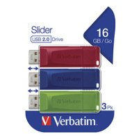 Verbatim USB flash disk, USB 2.0, 16GB, Slider, zelený, modrý, červený, 49326, USB A, s výsuvným
