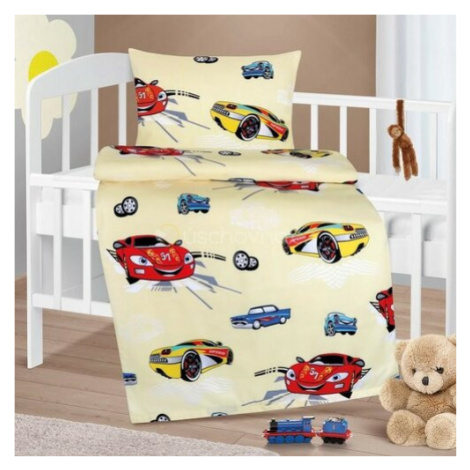 Bellatex Detské bavlnené obliečky do postieľky Agáta Závodné autá žltá, 90 x 135 cm, 45 x 60 cm