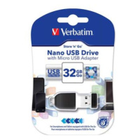 Verbatim USB flash disk, USB 2.0, 32GB, Nano, Store N Go, černý, 49822, USB A, s adaptérem USB M