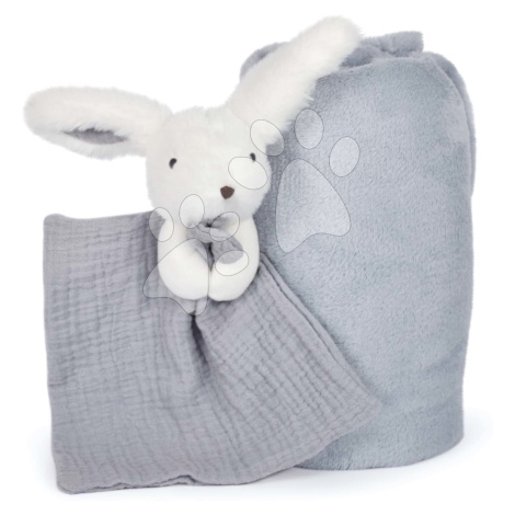 Deka pre najmenších Bunny Happy Glossy Doudou et Compagnie s plyšovým zajačikom na maznanie modr