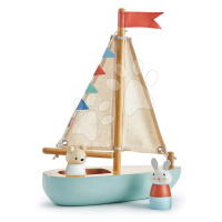 Drevená plachetnica Sailaway Boat Tender Leaf Toys s dvoma plachtami a zajačik s medvedíkom